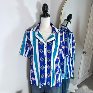 CEO Vintage Retro 90s Blue Multi Color Striped Button Up Shirt